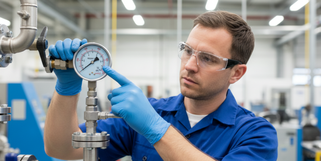 Engineers using pressure gauges