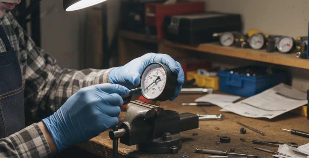 Technician who repairs pressure gauges