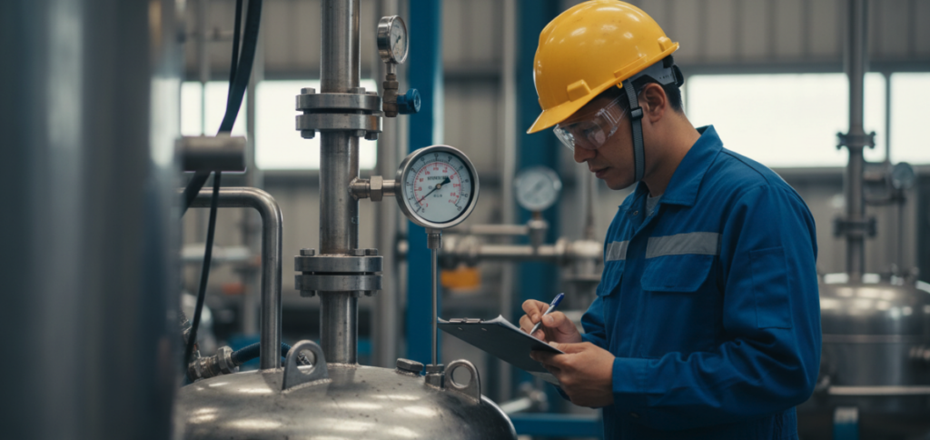 A technician is focusedly and systematically reading the values