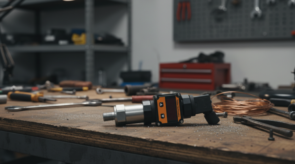 The Pressure Transmitter placed on the workbench.