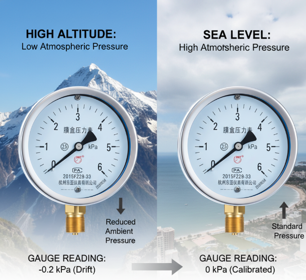 How altitude changes atmospheric pressure and causes gauge calibration drift