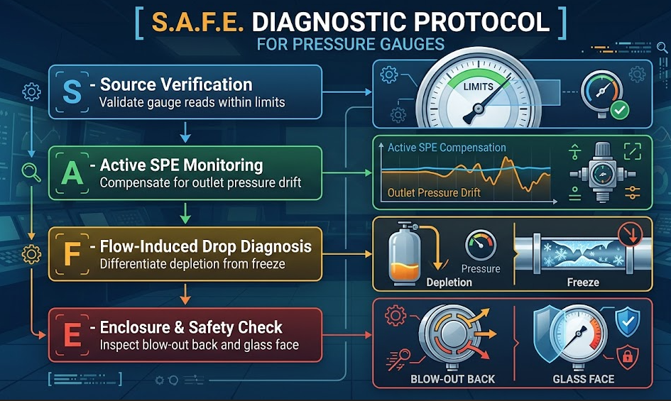 S.A.F.E. pressure gauge diagnostic protocol flowchart for gas regulators