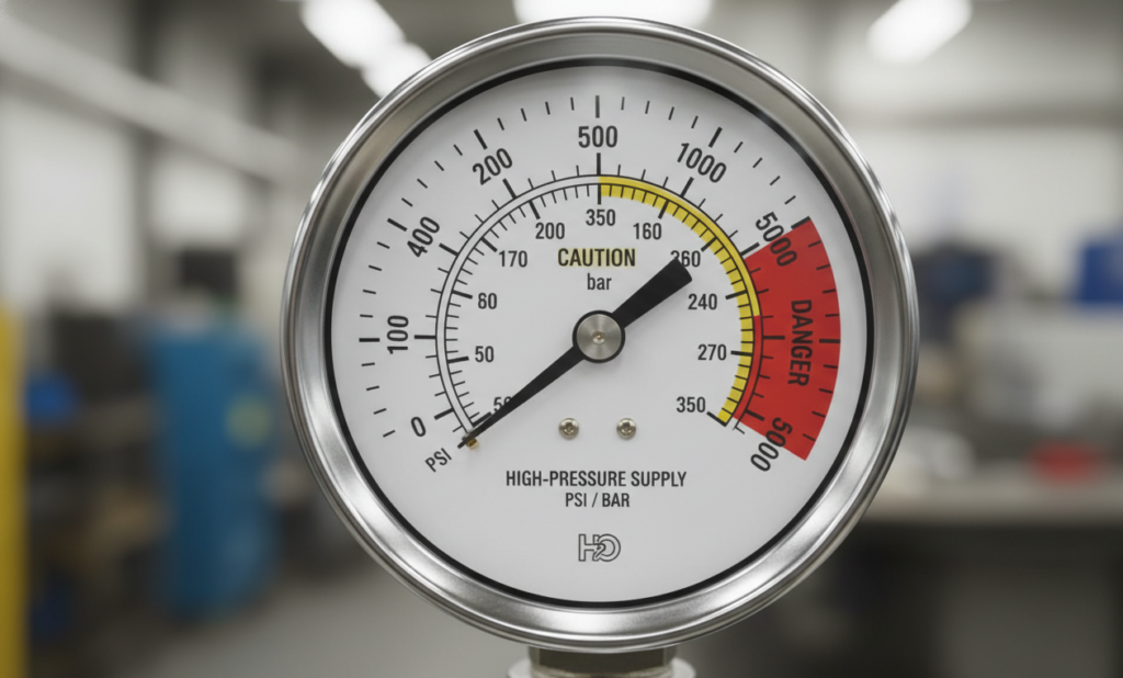 Close-up of a high-pressure supply gauge dial face, clearly showing the dual scales in PSI and Bar with appropriate color-coded hazard zones