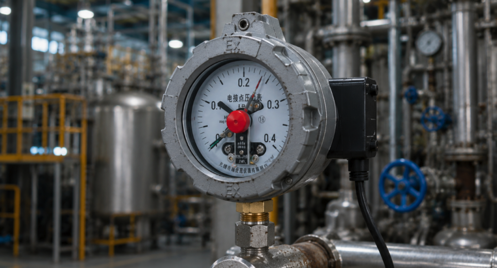 A real product photo of a pressure gauge featuring an explosion-proof housing.