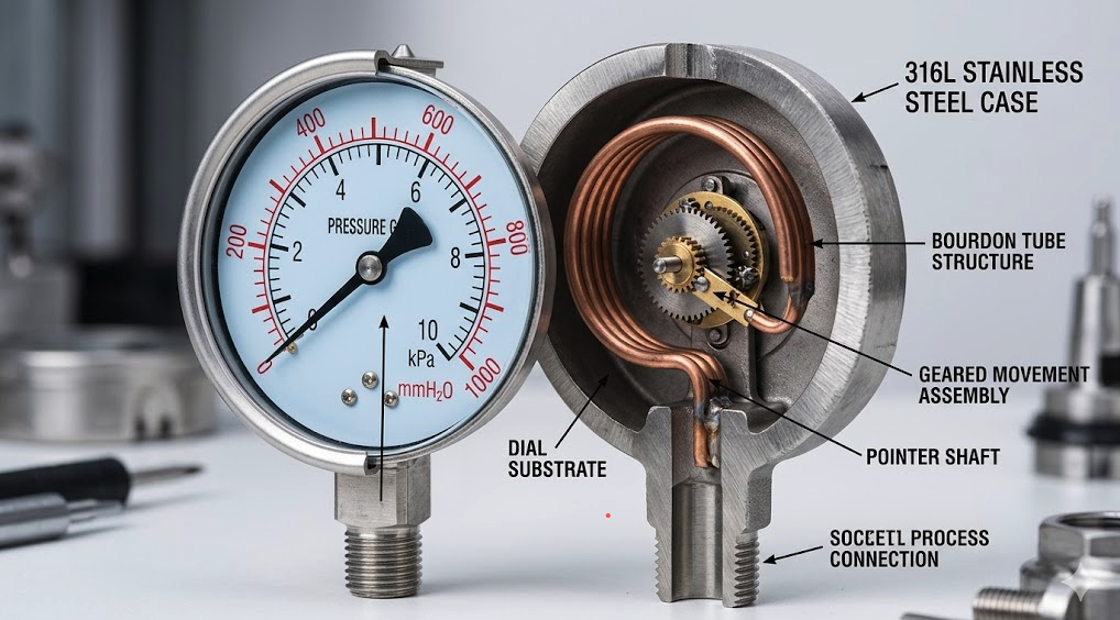 Cutaway View of a 316L Stainless Steel Pressure Gauge Casing and Internal Bourdon Tube Structure