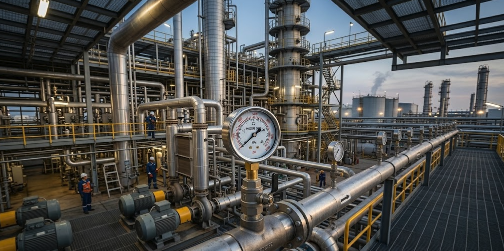 Panoramic view of a pressure gauge installed on complex industrial piping.