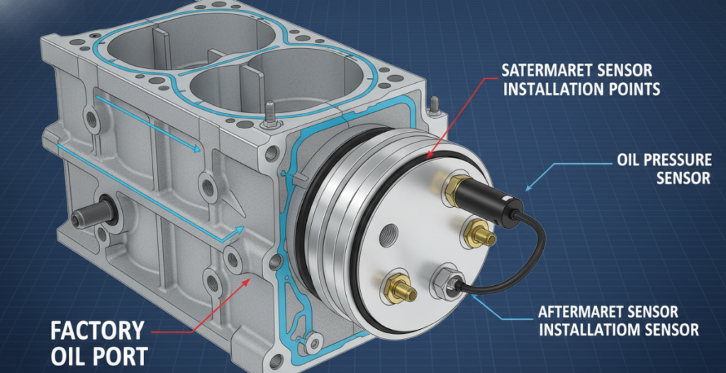 Engine block diagram showing the factory oil port, sandwich adapter plate, and the aftermarket sensor installation points 