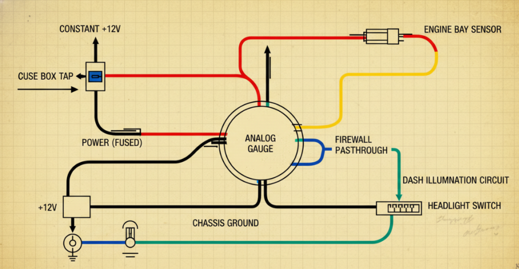 Detailed color-coded wiring schematic connecting the gauge body, fuse box tap, chassis ground, headlight switch, and the engine bay sensor 