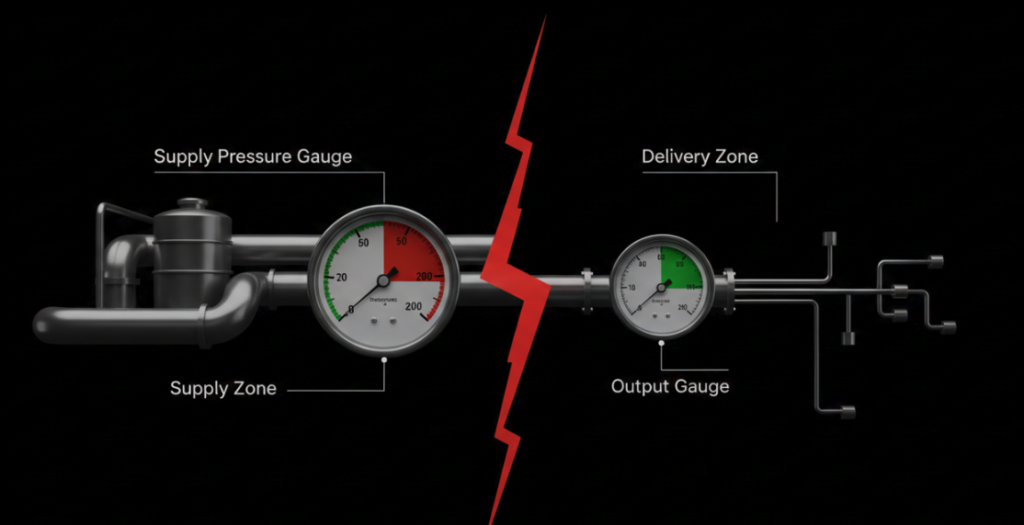 a high-contrast 3D diagram here showing a clear division line between the “Supply Zone” with the Supply Pressure Gauge, and the “Delivery Zone” with the Output Gauge
