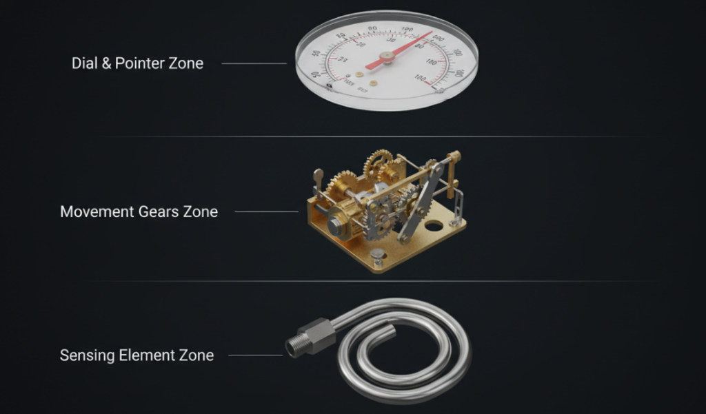 an exploded-view 3D graphic of a pressure gauge here, highlighting the three distinct zones: the sensing element at the bottom, the movement gears in the middle, and the dial/pointer at the top.
