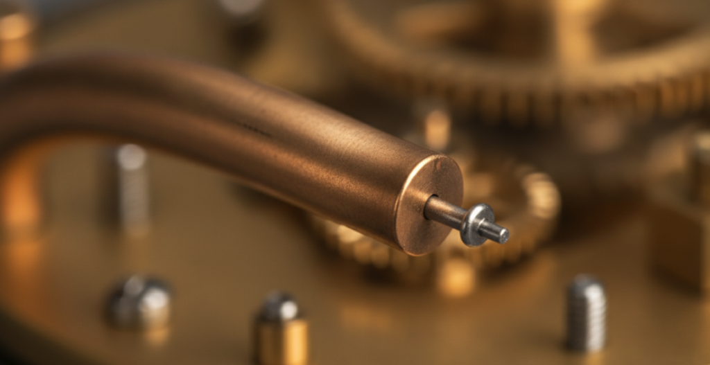 a high-resolution macro photograph highlighting the sealed tip of a bronze Bourdon tube connecting to the linkage rod.
