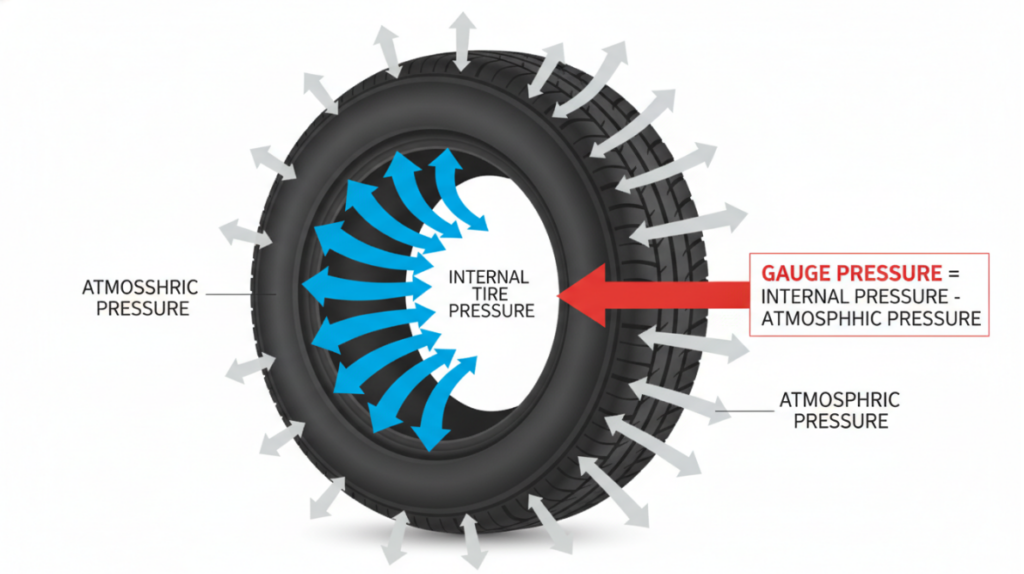 a tire with internal pressure arrows pushing out and external atmospheric pressure arrows pushing in, highlighting the net difference as “Gauge Pressure
