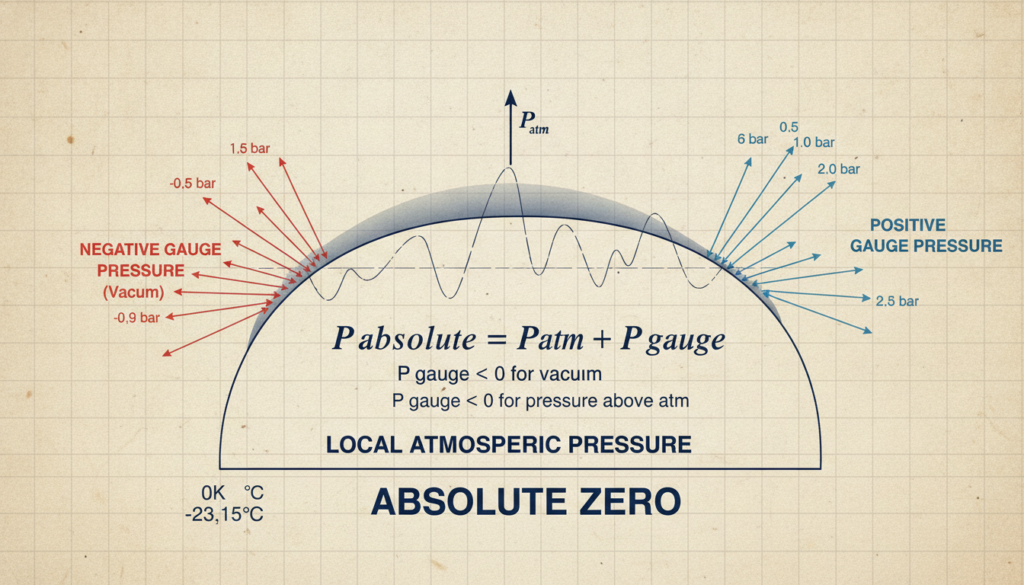 a high-res technical diagram showing the mathematical relationship between absolute zero, local atmospheric pressure, and positive/negative gauge pressure vectors.