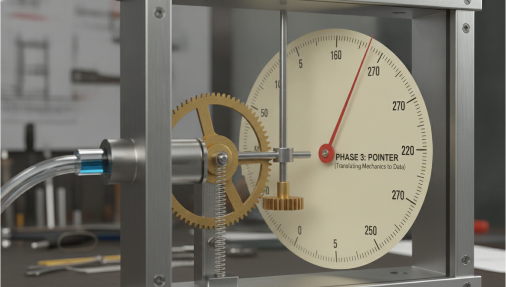 Close-up illustration of a gauge mechanism showing blue fluid entering a tube, which turns a brass sector gear and a pinion gear, sweeping a red pointer across a dial labeled 'PHASE 3: POINTER'.