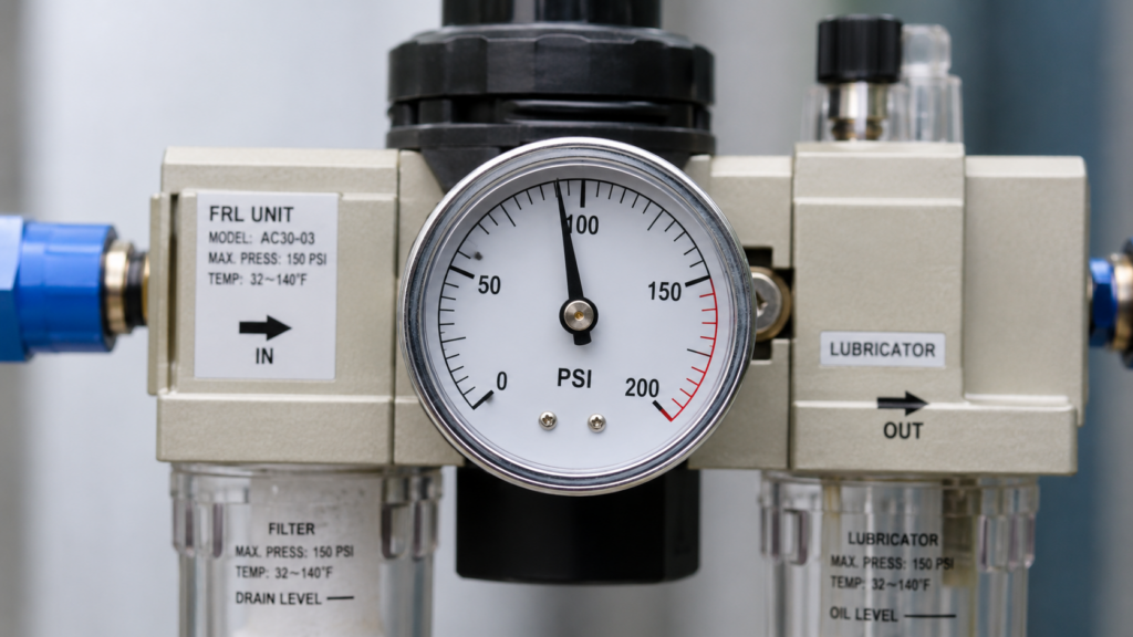 A High-Resolution Close-Up Image Showing An Air Supply Pressure Gauge Mounted On An Industrial Air Treatment Unit (Frl), Clearly Highlighting The Needle Reading Just Below 100 Psi.