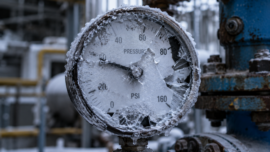 A Photograph Of A Pressure Gauge With A Frosted And Cracked Face, Showing The Needle Stuck In Place.