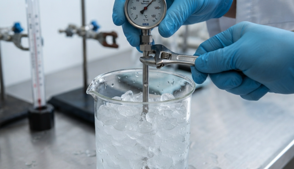 A beaker filled with crushed ice; a probe inserted into an ice-water mixture.