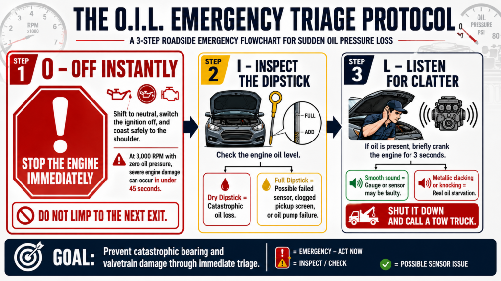 The O.I.L. Three-Step Method—A Flowchart Resembling A First-Aid Procedure—Visually Highlights The "Turn Off Engine Immediately" Warning Sign.