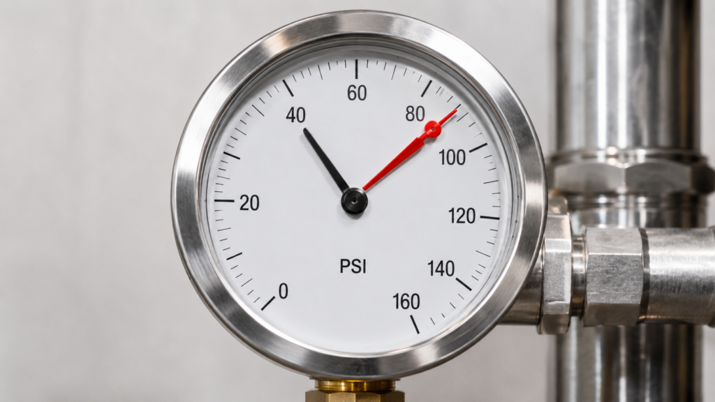 An Image Of A Water Pressure Gauge Featuring A Black Pointer And A Red "Lazy Hand" (Or Peak-Reading Pointer), Clearly Showing A Current Reading Of 50 Psi And A Peak Reading Of 90 Psi.