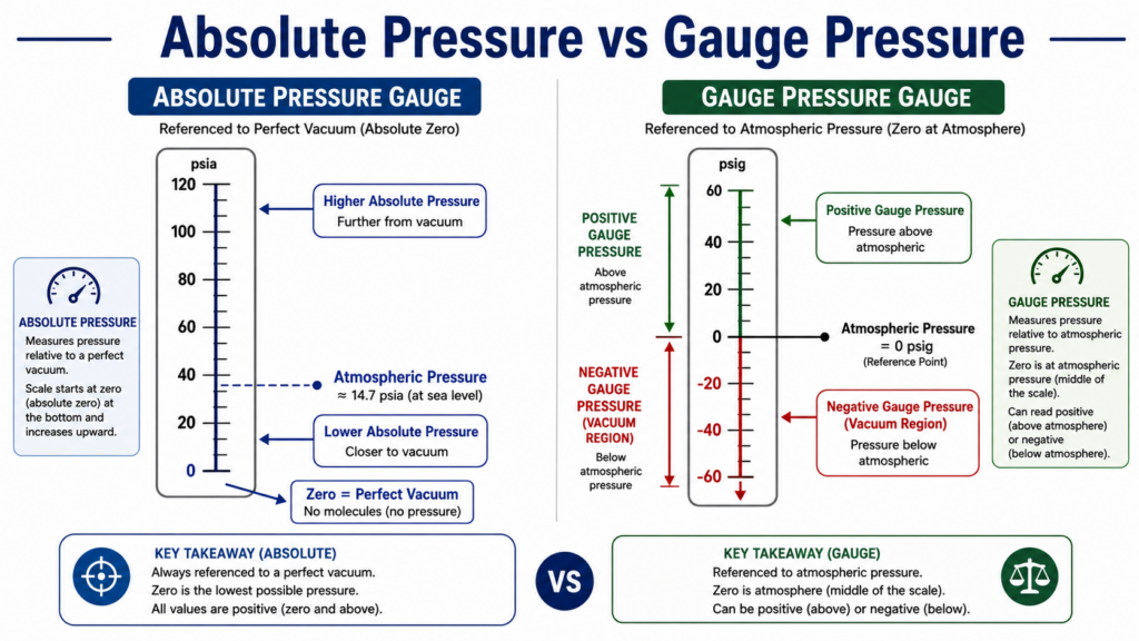 In The Image, The Absolute Pressure Gauge On The Left Starts From Zero At The Bottom, While The Gauge Pressure Gauge On The Right Starts From Zero At The Atmospheric Pressure Mark In The Middle; The Area Below Is Highlighted In Red To Indicate The Negative Gauge Pressure Range.