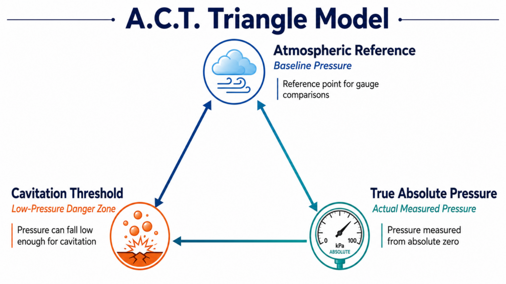 A Chart Illustrating The A.C.T. Triangle Model: The Atmospheric Baseline Value Is At The Top, The Cavitation Threshold Is On The Left, And The True Absolute Pressure Is On The Right.