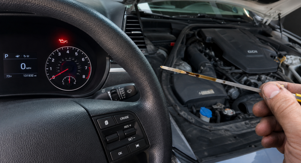 A photo taken during actual troubleshooting showing the red oil pressure warning light illuminated, while the dipstick indicates a normal oil level.