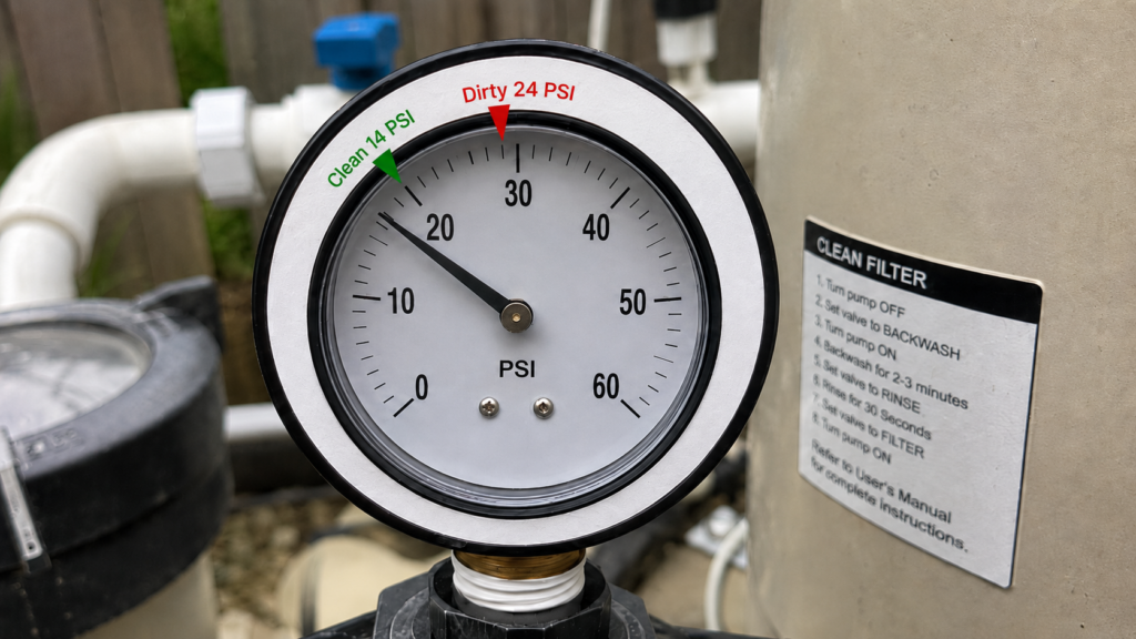 A Close-Up Photo Of A Pool Filter Pressure Gauge, Featuring A Green "Clean" Arrow On The Bezel Pointing To 14 Psi And A Red "Dirty" Arrow Pointing To 24 Psi.