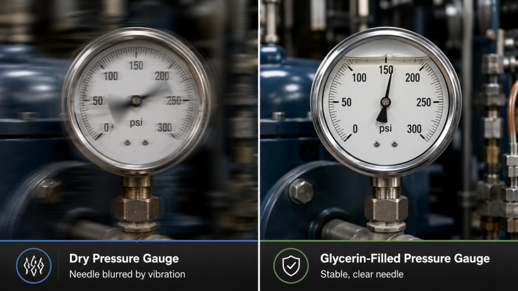 Left: Dry Pressure Gauge; The Pointer Is Blurred Due To Vibration. Right: Glycerin-Filled Pressure Gauge; The Pointer Is Clear And Steady, And A Distinct Liquid Level Line Is Visible Near The Top.