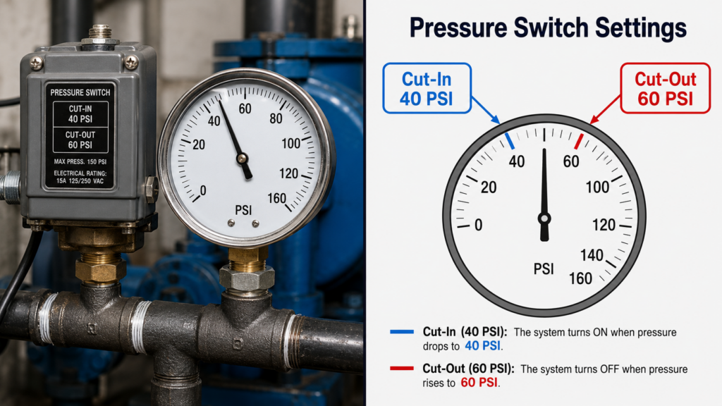 A Close-Up Of The Pressure Switch And Pressure Gauge Assembly On The Left Side Of The Image Shows The Needle Pointing Precisely At 50 Psi, While The Right Side Indicates The Cut-In Pressure Of 40 Psi And The Cut-Out Pressure Of 60 Psi.