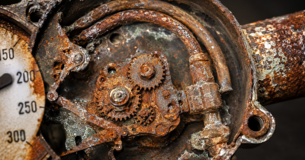 Close-up of the inside of a heavily corroded and rusted air pressure gauge