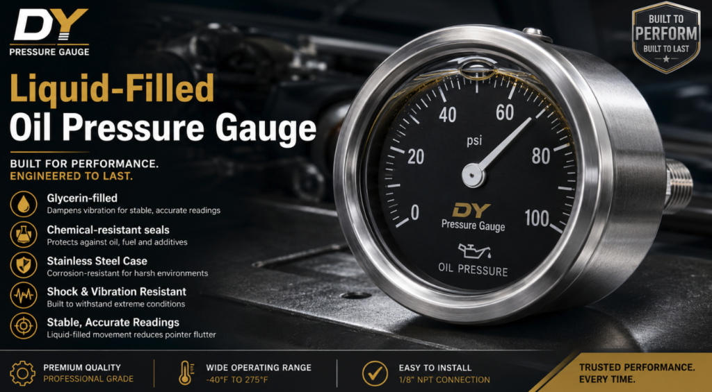 Promotional image of a liquid-filled pressure gauge