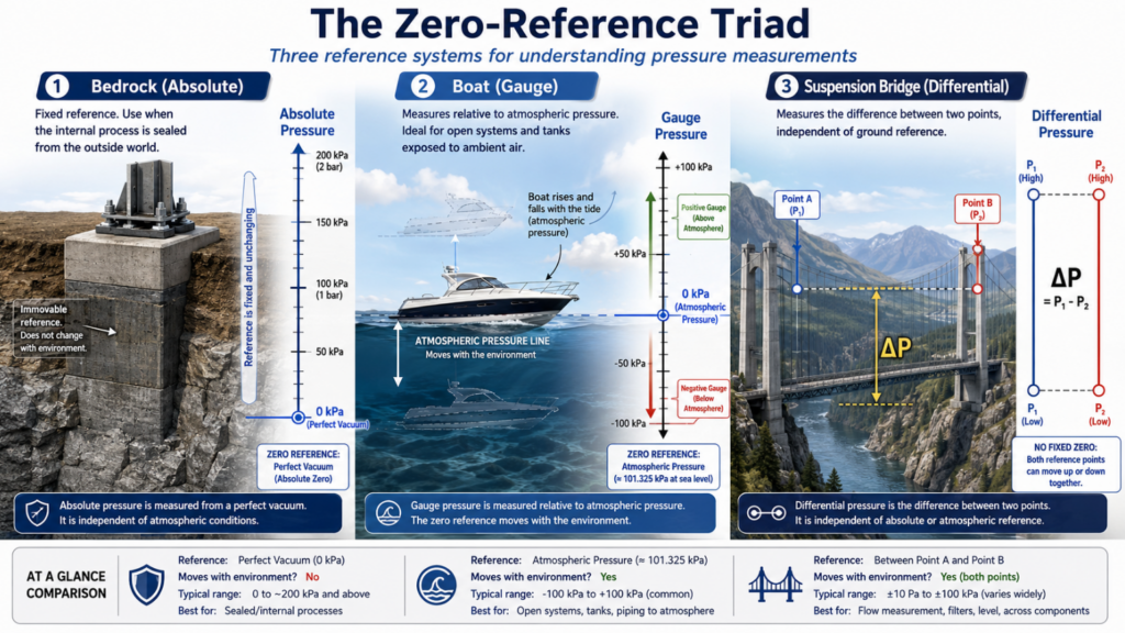 Insert a highly detailed graphic illustrating the “Zero-Reference Triad” with the Bedrock, Boat, and Bridge visual metaphors alongside pressure scales