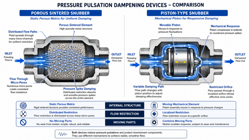 The Displayed Cross-Sectional Views Illustrate The Differences In Internal Structure Between A Porous Sintered-Type Buffer And A Movable Piston-Type Buffer Under Fluid Flow Conditions.