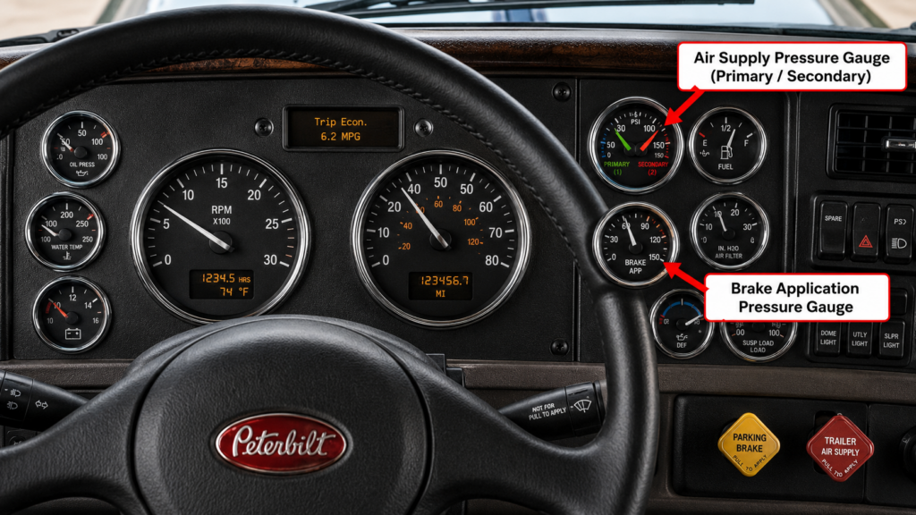 Features A Standard Peterbilt Analog Dashboard, With Red Pointers Clearly Indicating The Air Supply Pressure Gauge (Featuring Dual Needles For The Primary And Secondary Circuits) And The Brake Application Pressure Gauge.