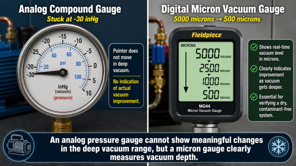 Left: An Analog Compound Pressure Gauge With Its Needle Stuck At -30 Inhg (Inches Of Mercury). Right: A Digital Micron Vacuum Gauge With A Reading Slowly Dropping From 5,000 Microns To 500 Microns, Demonstrating That The Analog Gauge Cannot Reflect Changes In The Deep Vacuum Range.