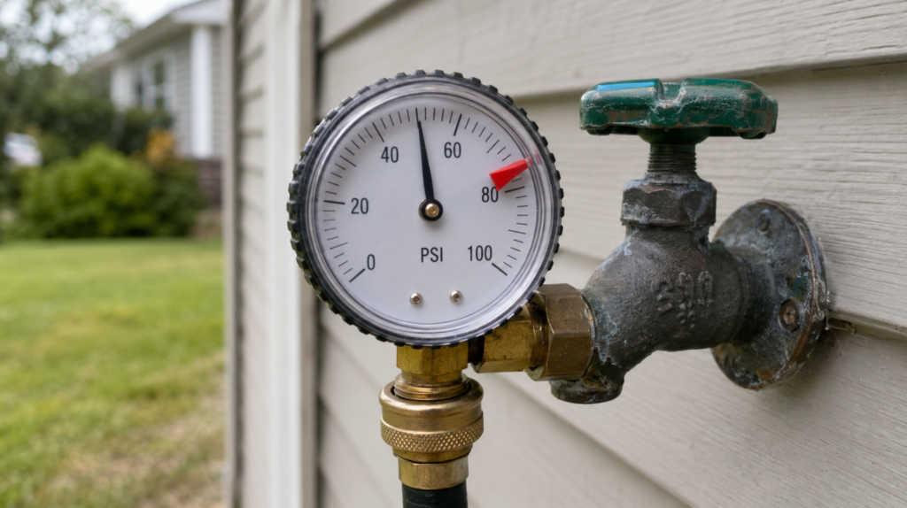 Insert an image here showing a water pressure gauge attached to an outdoor hose bibb, highlighting the lazy hand indicator.