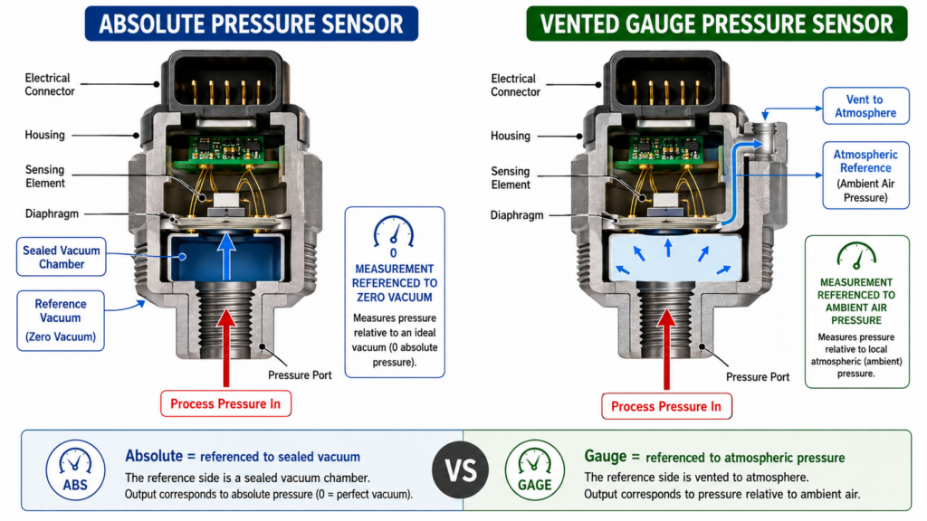 A Schematic Diagram Showing A Cross-Sectional Comparison Between An Absolute Pressure Sensor (With A Sealed Vacuum Cavity) And A Vented Gauge Pressure Sensor.