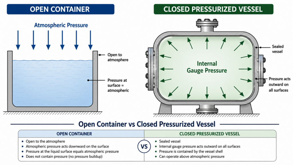 A Schematic Diagram Showing An Open-Topped Container And A Closed, Pressurized Container; Arrows Indicate Atmospheric Pressure Pushing Downward And Gauge Pressure Pushing Outward.