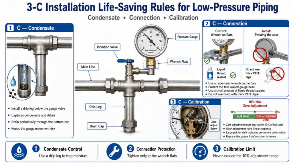 Insert a schematic diagram of the 3-C Installation Protocol piping structure here, clearly labeling the correct locations of the Main Line, Drip Leg, Isolation Valve, and Wrench Flats.