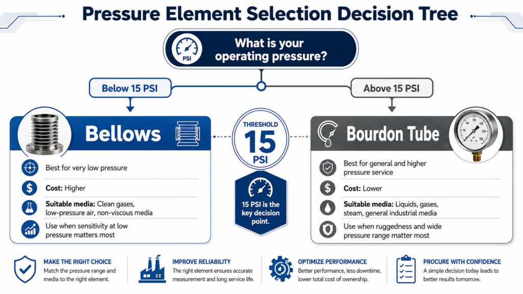 Procurement Decision Flowchart. It Begins With The Question "What Is Your Operating Pressure?" A Branch For Pressures Below 15 Psi Leads To "Bellows," While A Branch For Pressures Above 15 Psi Leads To "Bourdon Tube"; The Chart Also Includes Notes On Cost And Compatible Media.