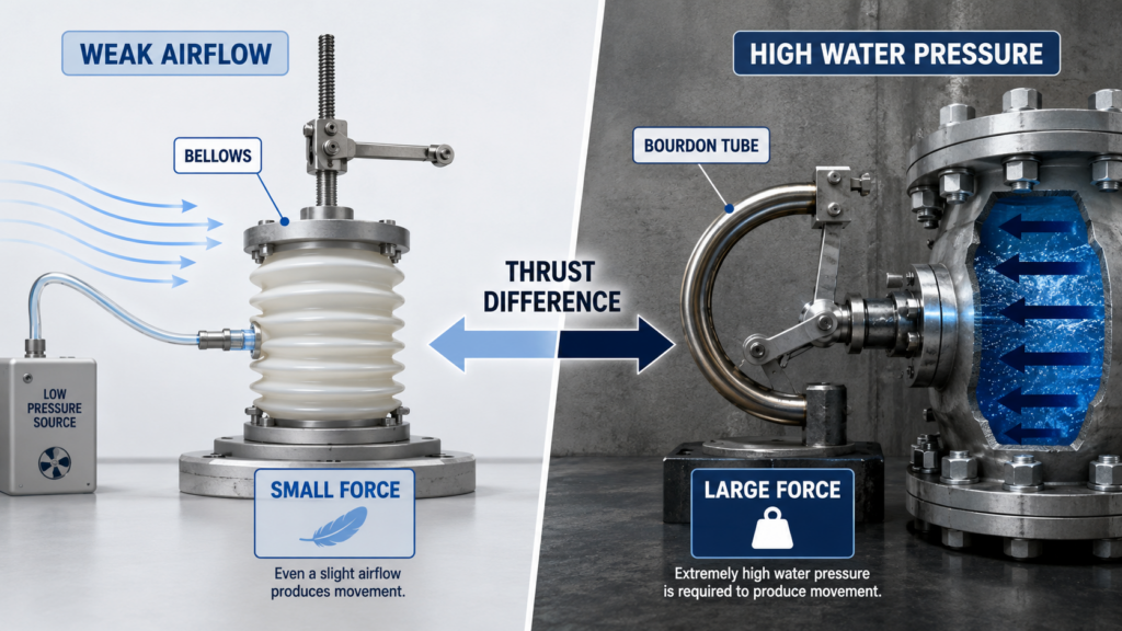 The Left Side Shows A Weak Airflow Causing The Bellows To Expand, While The Right Side Shows Extremely High Water Pressure Forcing Open The Rigid Bourdon Tube, Intuitively Illustrating The Difference In Thrust Between The Two.