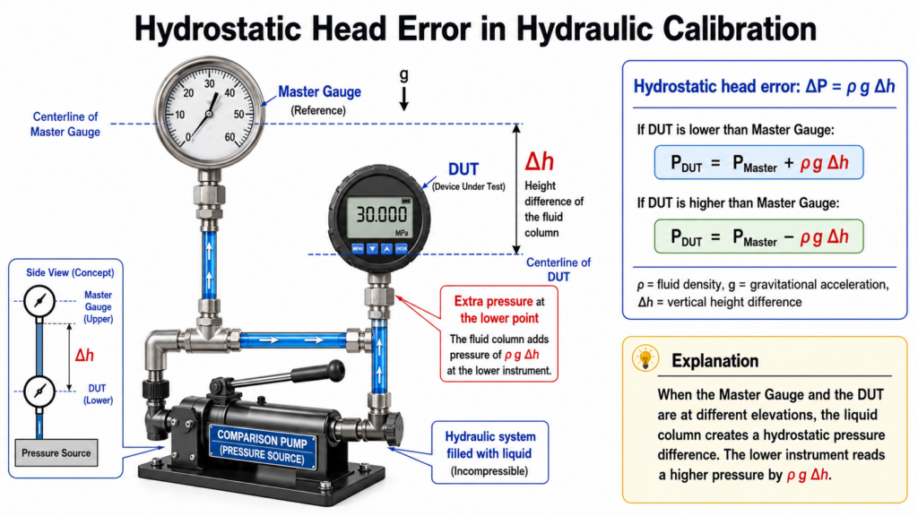 A Physical Diagram Illustrating The Hydrostatic Pressure Error, Showing The Formula For Calculating The Error Caused By The Liquid Height Difference (Δh) When The Master Gauge And The Device Under Test (Dut) Are Not At The Same Horizontal Level.