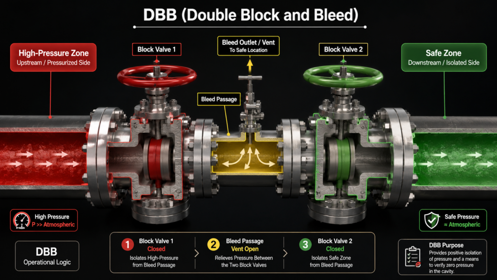3d Rendering Of The Piping Structure, With High-Pressure Zones Marked In Red, Safe Zones In Green, And The Two Shut-Off Valves And The Intermediate Bleed Path Highlighted.