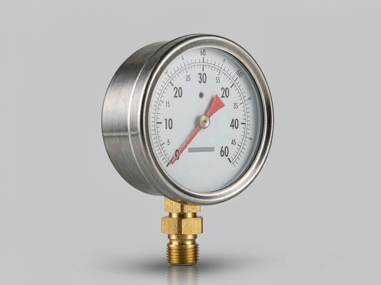 Analog pressure gauge with red pointer on white background