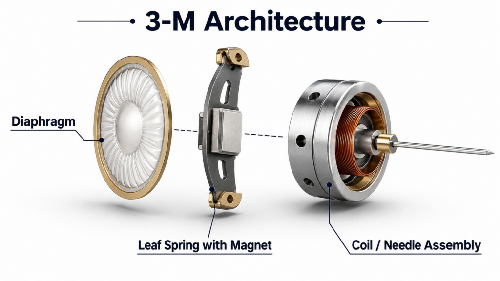 High-quality exploded view of the "3-M architecture": includes the diaphragm, the leaf spring with magnets, and the coil/pin assembly.