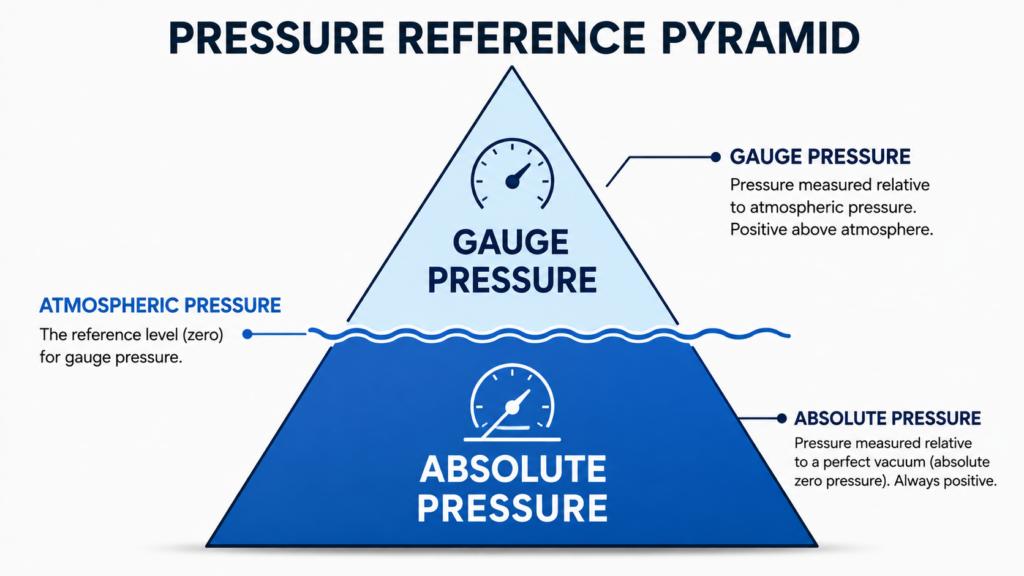 It illustrates the "pressure reference pyramid": absolute pressure at the base, a wavy line representing atmospheric pressure in the middle, and gauge pressure at the top.
