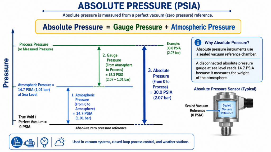 A Comparison Chart Showing The Formula And Reference Lines. Highlight The Equation "Absolute Pressure = Gauge Pressure + Atmospheric Pressure" And Illustrate The Vertical Reference Line Relationships Among The Three.