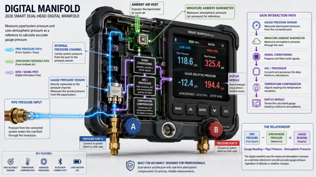 An Exploded View Of The Smart Digital Dual-Head Pressure Gauge, Highlighting The Gauge Pressure Sensor Connected To The Piping And The Miniature Ambient Barometer Exposed To The Air.