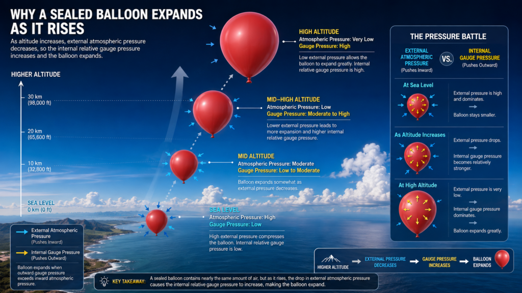 Demonstrate The Process Of A Sealed, Elastic Balloon Rising From Sea Level To High Altitude. As The External Atmospheric Pressure Decreases, The Relative Gauge Pressure Inside The Balloon Increases, Causing The Balloon To Expand.