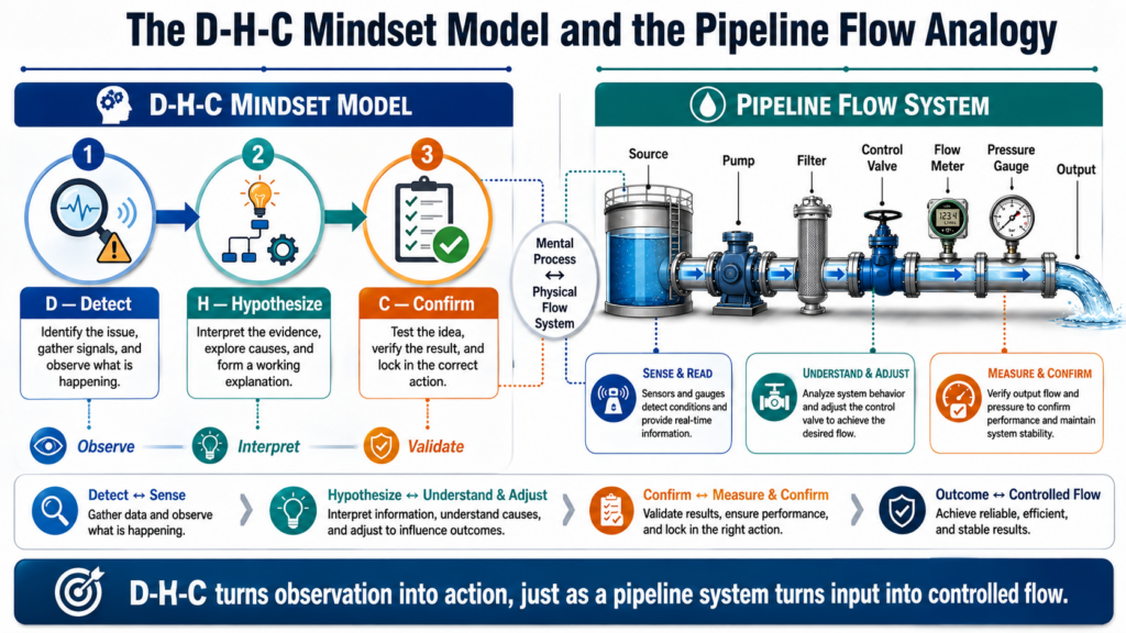 It Illustrates The Various Steps Of The D-H-C Mental Model And Presents Them Alongside The Pipeline Flow System.